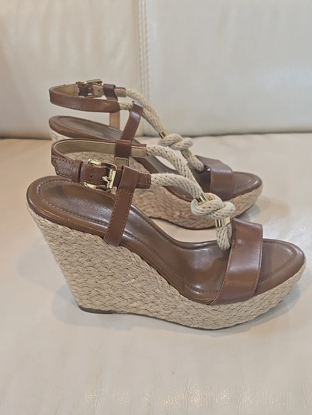 Michael Kors Woven Rope Knot Wedge Sandals - Brown Size 7